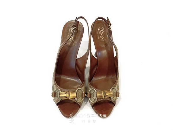 P2778 Gucci 緹花布前竹節金釦魚口高跟鞋 高雄店 遠麗全新二手名牌館famous Brand Hall